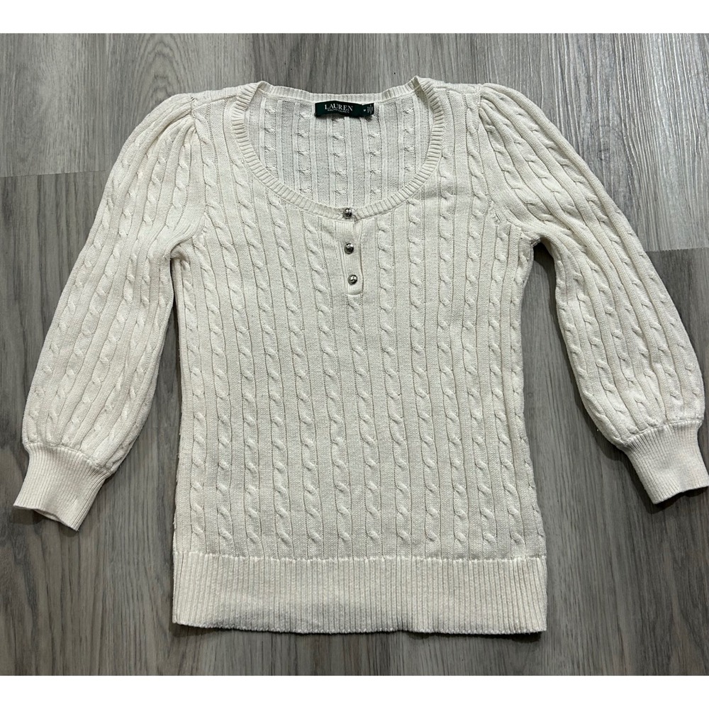 Lauren Ralph Lauren Cream Cable Knit Henley Puff Sleeve Cotton Sweater Womens M